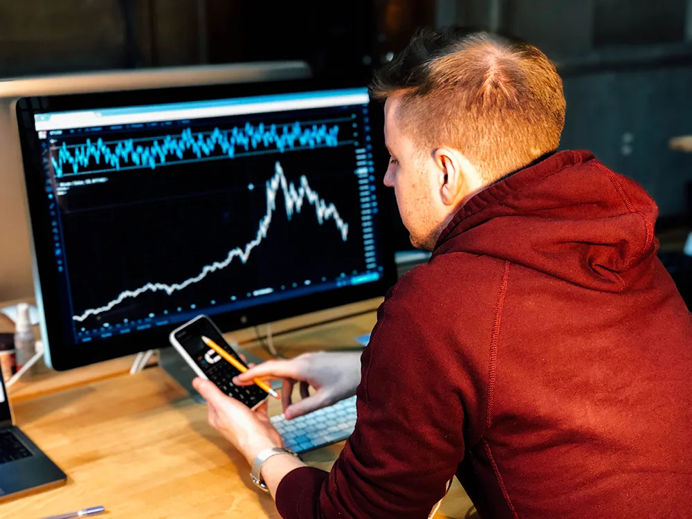 A person studying a chart on a monitor