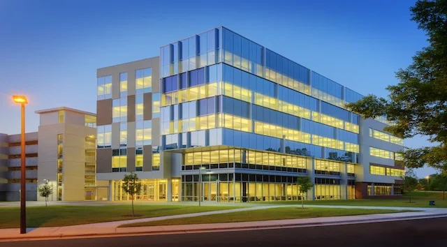 A glass office building
