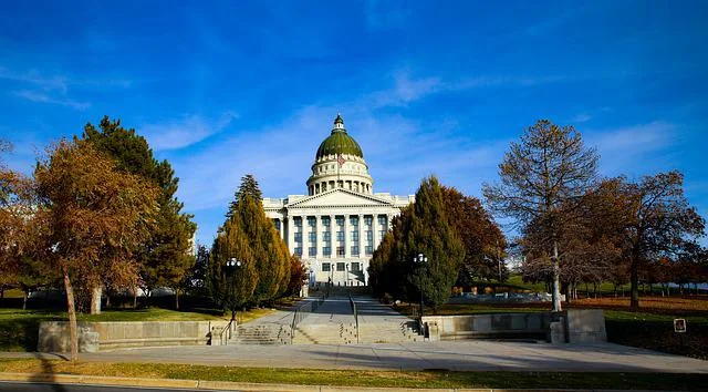 A state capitol building under a clear sky